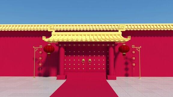 中国宫殿的墙壁红色的墙壁和金色的瓷砖3d渲染翻译:“祝福”