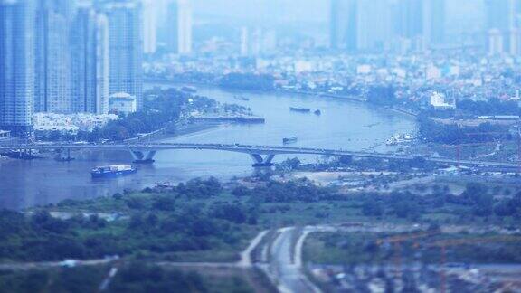 一个高角度的微型城市景观西贡河在胡志明市倾斜