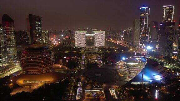 夜光杭州市区现代主要广场航拍全景4k中国