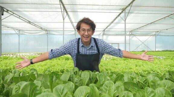 亚洲男性农民在现代水培蔬菜温室农场成功地看着相机幸福的肖像