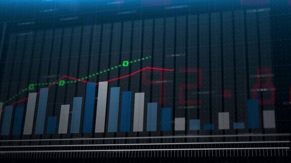 3D动画股票市场信息上升蓝色柱状图跟随箭头财务数字和图表增长的数字背景金融市场没有人