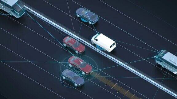 高速公路前方自动驾驶、人工智能、物联网将汽车连接起来4k动画
