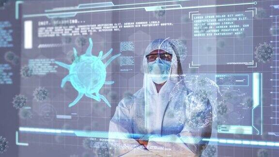 戴口罩的男医生的病毒细胞动画和数字接口