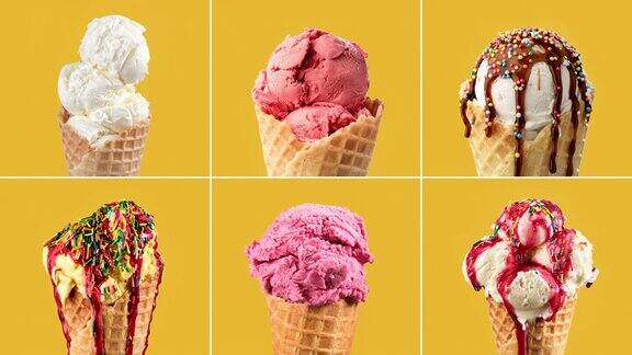 各种颜色的冰淇淋在黄色背景下变化六支冰淇淋