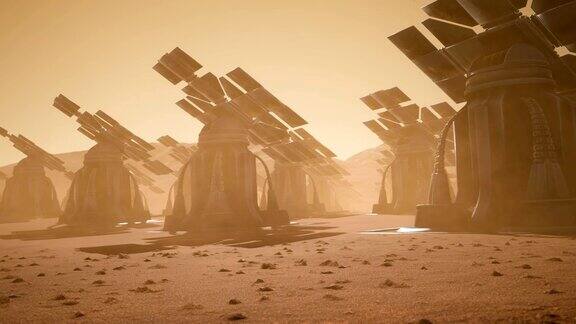 在尘暴期间火星表面的巨型太阳能电池板火星表面的全景景观现实的电影动画