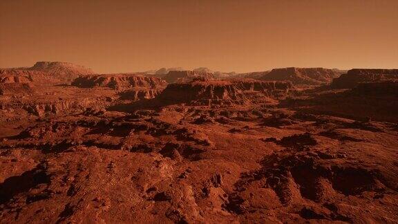 从空中俯瞰火星上红色的火星沙漠表面科幻岩石景观