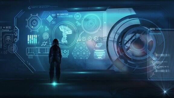 宇航员在虚拟面板前三维渲染