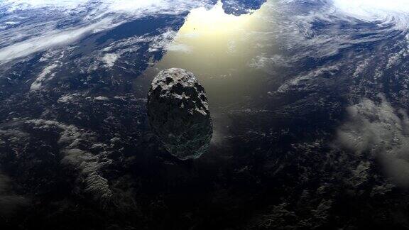小行星向右飞过地球并缓慢旋转4k3d渲染美国国家航空航天局