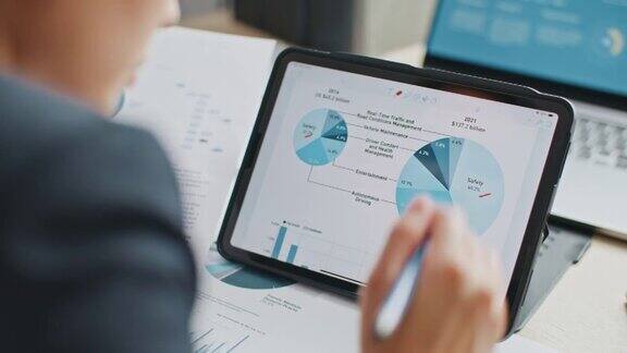 特写女商人使用数字平板电脑分析商业数据财务分析师在数字平板电脑上看到图表和图表