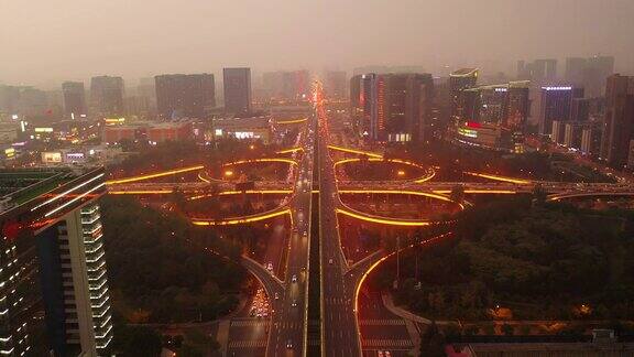 日落时分夜光成都市金融区交通街道航拍全景图4k中国