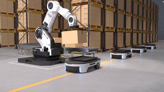 机器人手臂拿起箱子到仓库的自动机器人运输