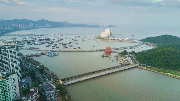 中国黄昏日落时间珠海湾著名歌剧院航拍全景4k时间流逝