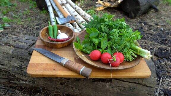 新鲜的蔬菜和刀在森林的砧板上