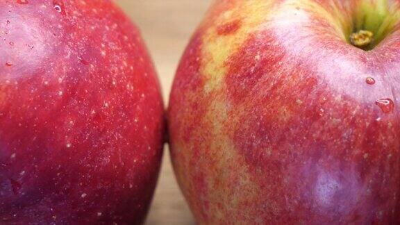 两个成熟的、潮湿的红苹果水果特写苹果旋转