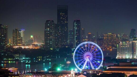 泰国夜间照明传单曼谷湾屋顶全景4k时间推移