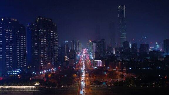 夜景照亮长沙市市中心滨江交通大桥街道道路航拍全景4k中国