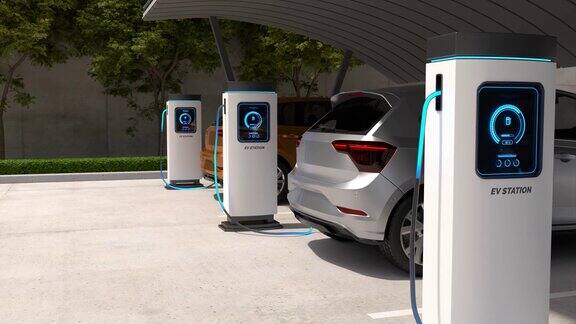 电动汽车在停车场使用太阳能电池板充电即电动汽车充电站