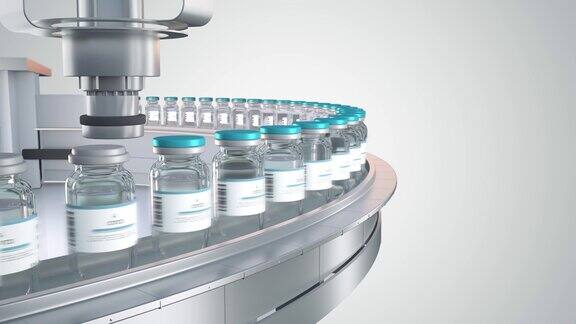 大规模生产新冠肺炎疫苗在制药实验室用covid-19小瓶在传送带上生产疫苗药物免疫接种循环动画