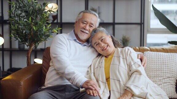 幸福的亚洲老夫妇看着相机微笑