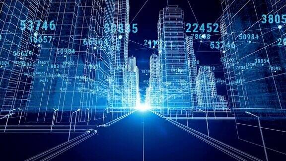 通过数字和网格移动抽象数字城市3d蓝图商业和技术概念蓝色3d动画