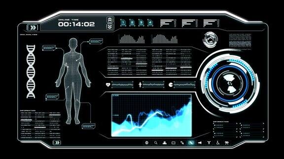 4K动画UI用户界面与身体扫描数据HUDpi条文本框表和元素在黑暗抽象背景的未来技术概念