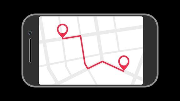 地理Pin标签和地图路线在智能手机显示屏幕上有地图的手机GPS目的地导航和指针标记图标