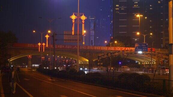 夜景时间照明长沙市中心交通大桥街道全景4k中国