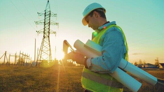 工业能源经营理念剪影电气工程师在日落时分在电塔附近工作电业工人检查电塔电压发电行业