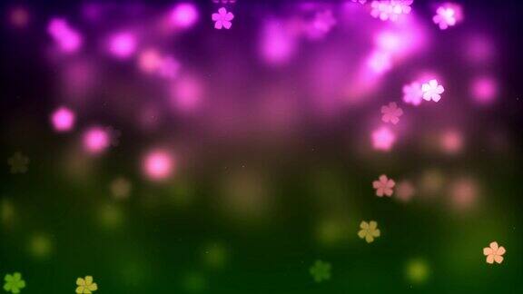 抽象魔幻节日暖紫色绿色闪亮模糊焦点落长春花形状散景光粒子