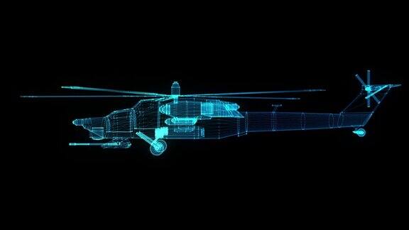 军事攻击直升机发光点线和网格形成3d模型循环动画无缝