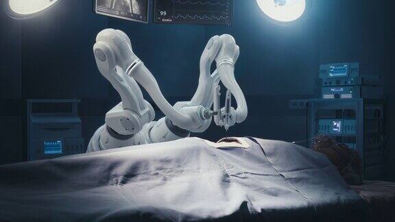 未来医院:手术病人躺在手术台上机器人手臂进行高精度纳米手术用于人体心脏移植的自动化可编程机械肢体