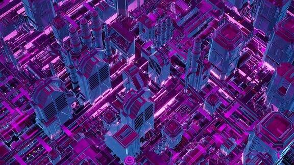 从一个梦幻的霓虹灯城市的无人机拍摄
