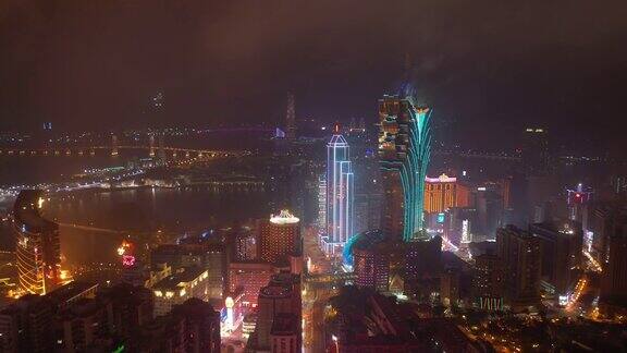 夜间照明澳门城著名酒店区湾航拍4k中国全景图