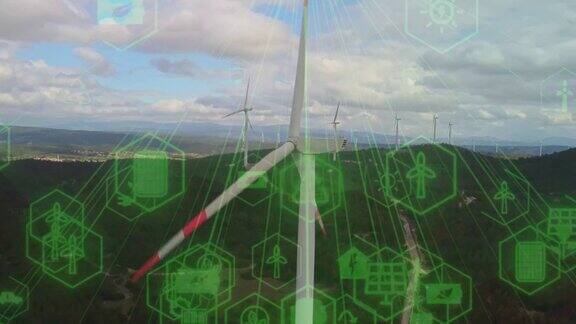 空中风车与数字生成全息显示技术数据可视化风力涡轮机产生清洁可再生能源以绿色生态的方式实现可持续发展