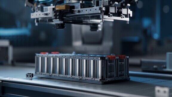 传送带上的电动汽车电池组特写锂离子电池芯生产线机器人手臂运输汽车电池模块自动化高产能生产工厂
