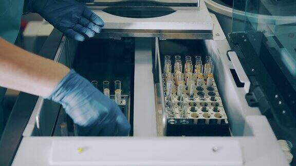实验室工作人员在生化和血液检测仪器中安装血液试管验血和化验