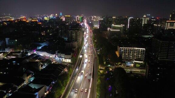 夜景时间照亮杭州市容交通道路航拍全景4k中国