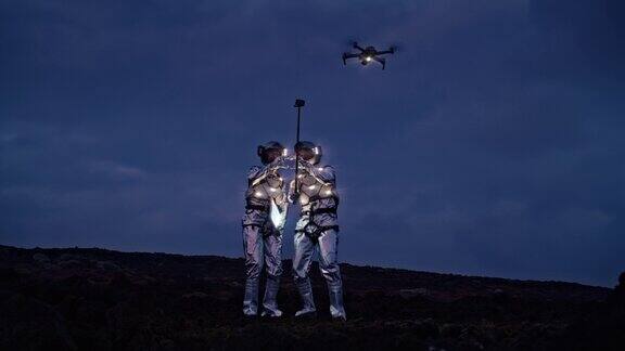 自拍太棒了宇航员穿着未来派的、发光的衣服拿着自拍杆无人机在他们上方飞行