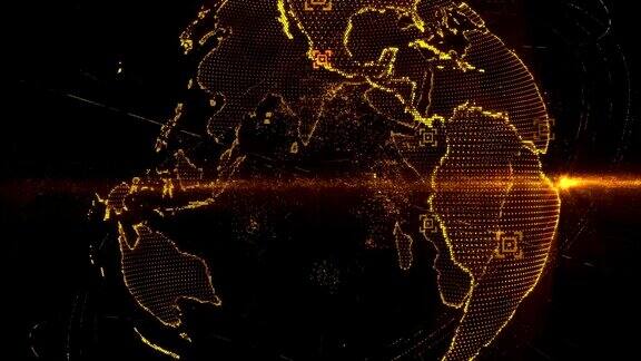 像素3D金色地球在旋转与波粒子行星地球旋转动画未来技术概念与空白为您的文字和标志