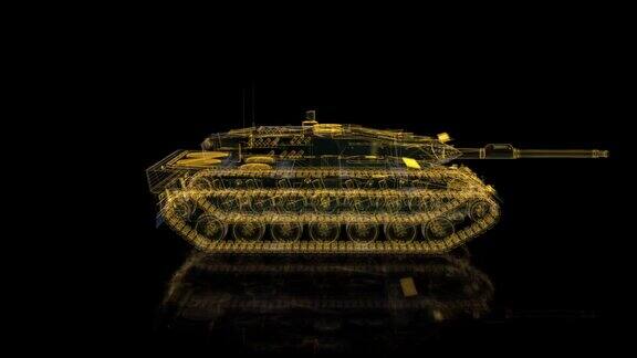 军事坦克装甲战斗战车4k动画循环无缝发光点线和网格形成的3d模型陆军坦克