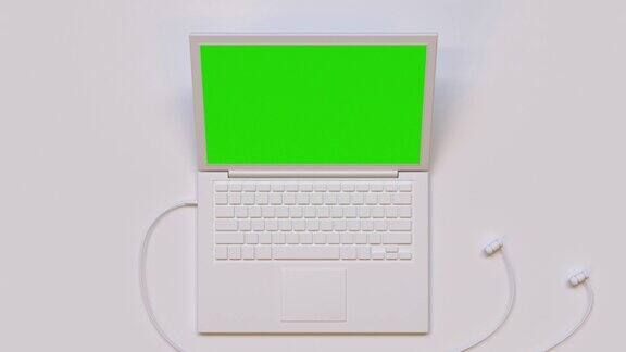 平铺场景白色电脑笔记本电脑绿色屏幕模拟3d渲染技术