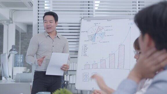 自信的亚洲商人团队领导手持数字平板电脑展示一个新项目