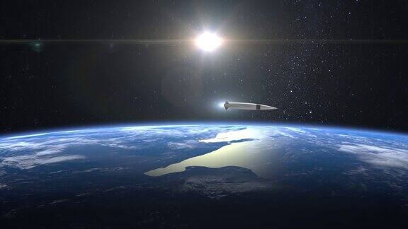 一枚超音速核导弹飞过地球上空火箭向右飞然后离开从空间高超声速武器核战争4k3d动画