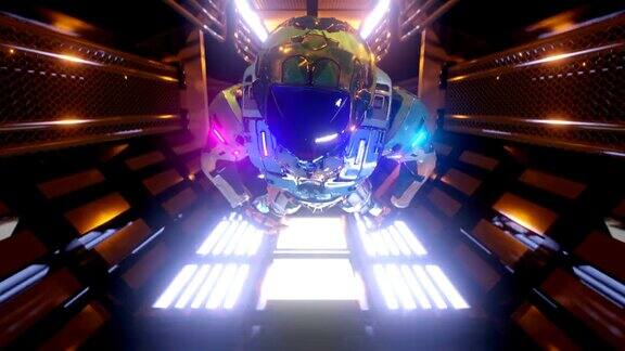 宇航员在飞船走廊里飞行科幻未来太空隧道VJ的背景和标题毛圈空间动画