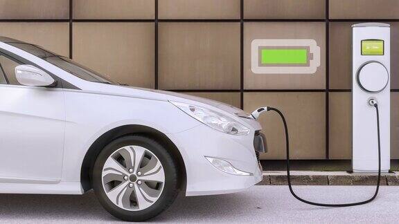 电动汽车充电与智能电动汽车充电站在城市停车场的透视3d渲染
