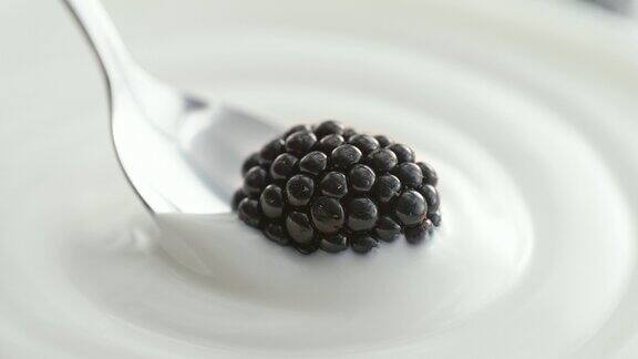 黑莓勺用银勺从奶油厚酸奶微距和慢镜头
