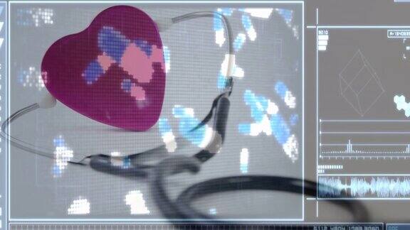 在心脏和听诊器上处理医疗数据的屏幕动画