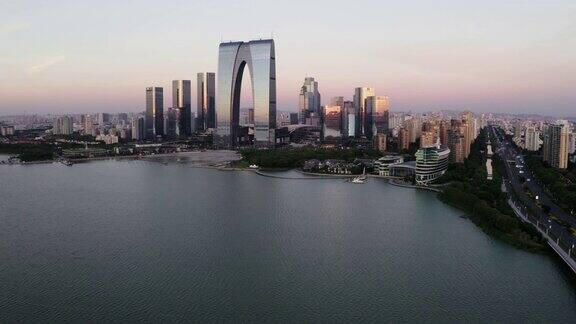 湖边的CBD建筑中国苏州航拍