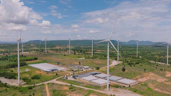 可持续能源农场鸟瞰图配有风力涡轮机和太阳能电池板