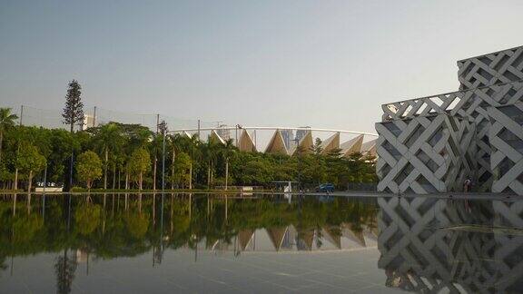 佛山著名的现代新城文化中心前广场喷泉体育场慢镜头全景4k中国